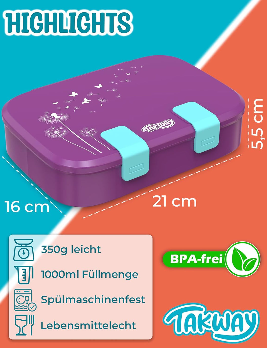 Brotdose Kinder mit Fächern - Bento Box Lunchbox BPA Frei - robust &amp; leicht zu öffnen (Pusteblume),