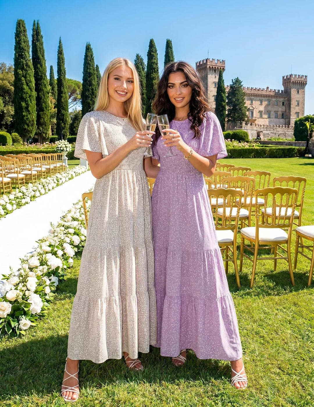 ZESICA Damen 2023 Sommer Casual Blumendruck Kurze Flatterärmel Rundhalsausschnitt Gesmokt Hohe Taill