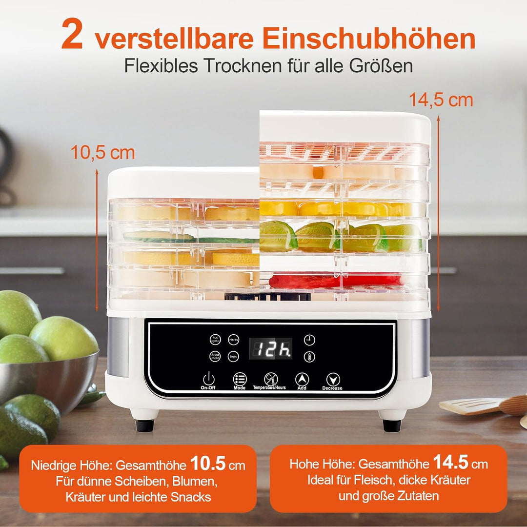 5-Schicht-Lebensmitteltrockner, visueller Lebensmitteltrockner mit 72-Stunden-Timer, 35–70 °C einste