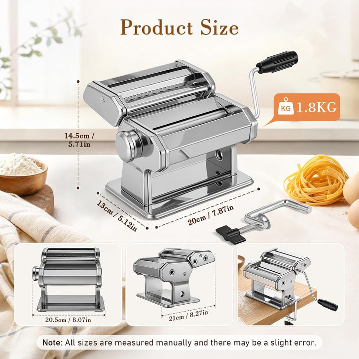 Nudelmaschine Manuelle, Edelstahl Pasta Maker mit 2 Schneidern, Nudeltrockner Nudelständer und 9 Ein