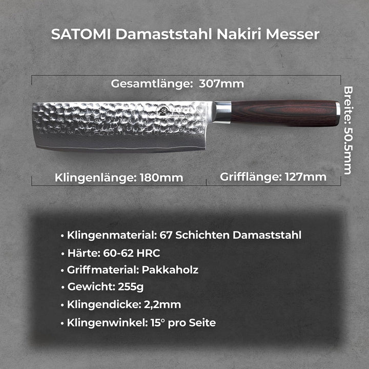 SATOMI® Nakiri Messer mit 18 cm Klinge gefertigt aus 67 Lagen Damaststahl traditionell Japanischer S