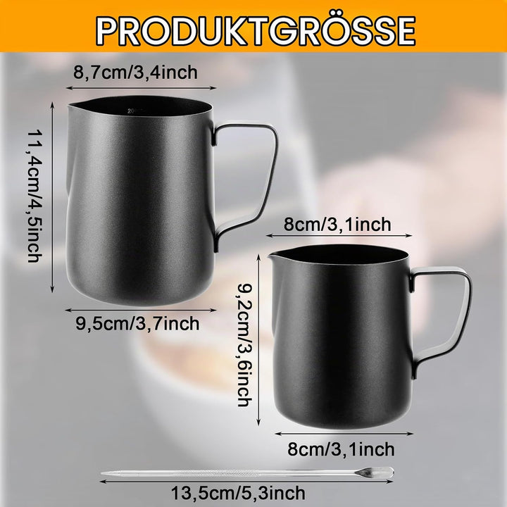 APACALI 2 Stück Milchkännchen Edelstahl Schwarz, Barista Milchschaumkännchen mit Messung Mark und La