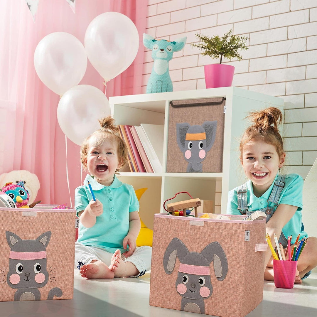 Aufbewahrungsbox mit Deckel im 2er Set Hase und Katze I Doppelpack Spielzeugbox mit Tiermotiv passen