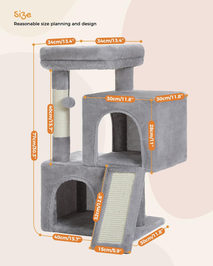 PETEPELA Kratzbaum 77cm mit Dual Condos für Wohnungskatzen, All-in-One-Katzenhaus mit gepolsterter S
