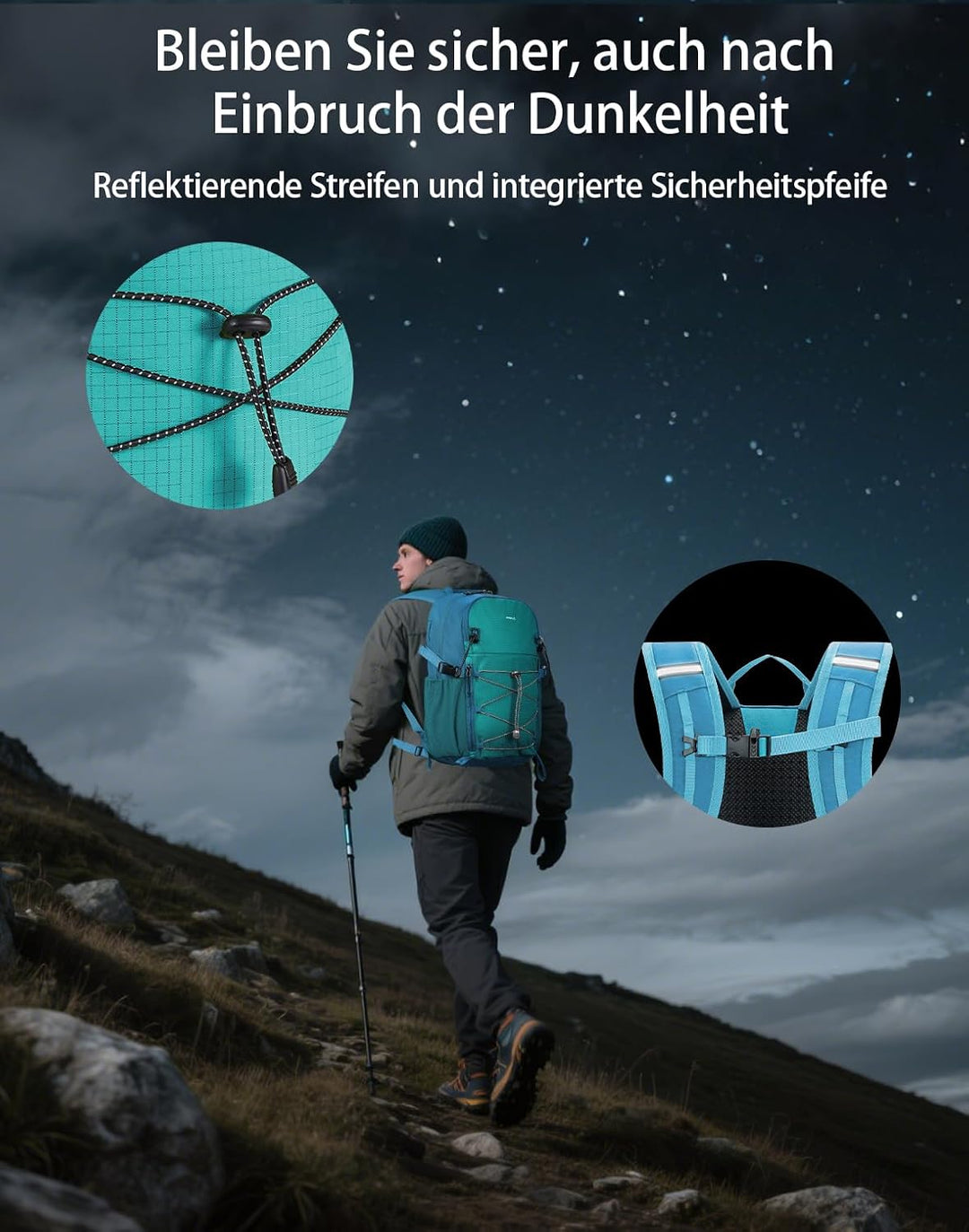ECOHUB Leichter Atmungsaktiver Wanderrucksack mit Vielen Fächern aus PET Blaugrun, Blaugrun