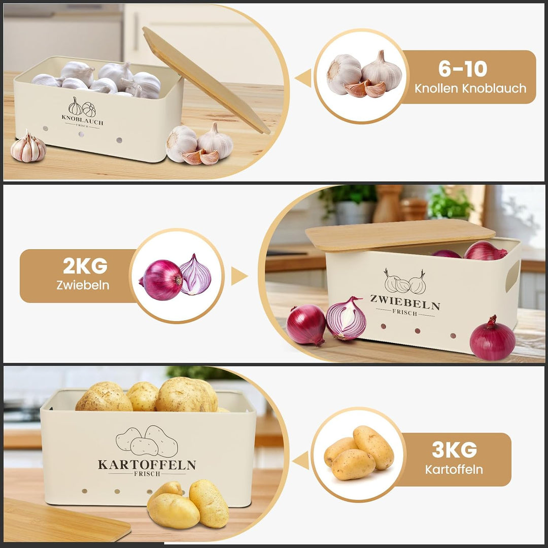 Kartoffel Aufbewahrungsbox 3er Set, Kartoffel Aufbewahrung Vintage Mit Bambusdeckel, Aufbewahrung Ka