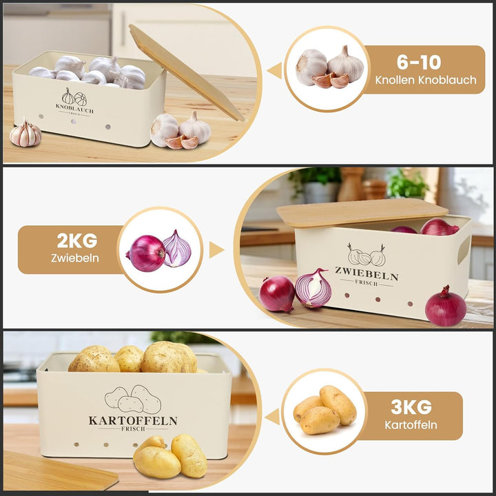 Kartoffel Aufbewahrungsbox 3er Set, Kartoffel Aufbewahrung Vintage Mit Bambusdeckel, Aufbewahrung Ka