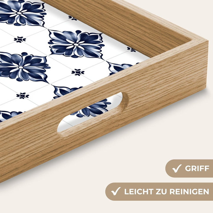 Serviertablett Servierplatte Eiche Holz Tablett Mit Henkel Tray Kachelmotiv - Blau 50 x 35 x 5 cm, K