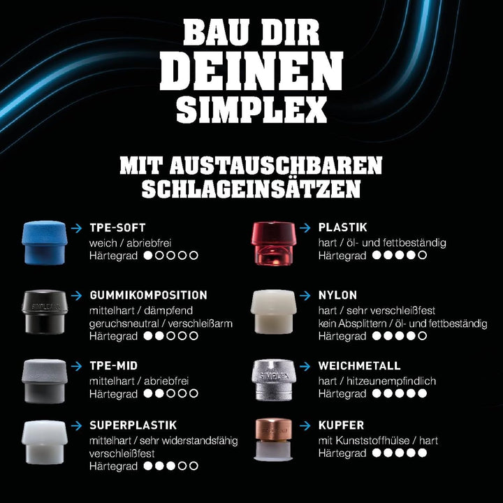 SIMPLEX-Schonhammer, Gummikomposition/Weichmetall; mit verstärktem Tempergussgehäuse und Fiberglasst