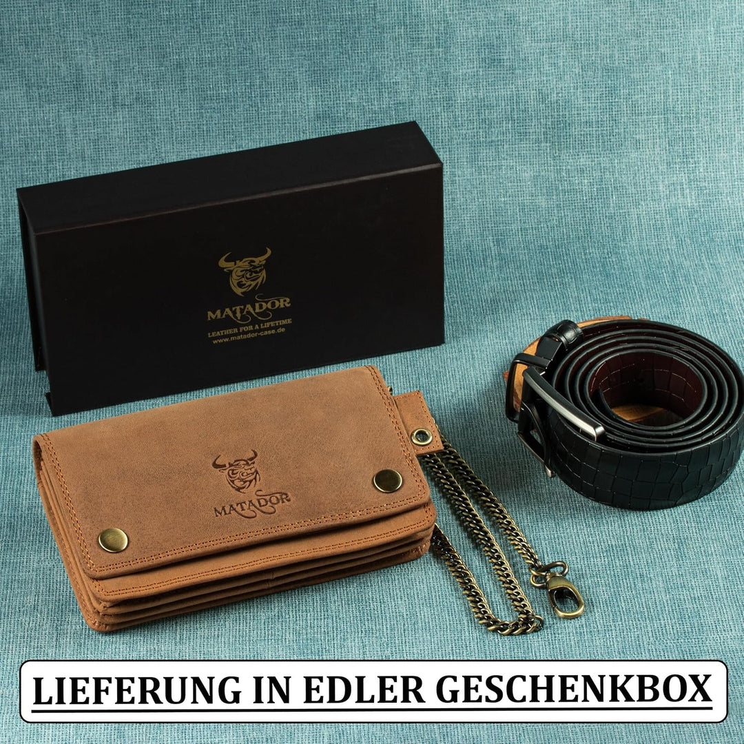 MATADOR Leder Biker Geldbörse mit Kette Bikerbörse Herren Bikergeldbörse mit RFID &amp; NFC Schutz Motor