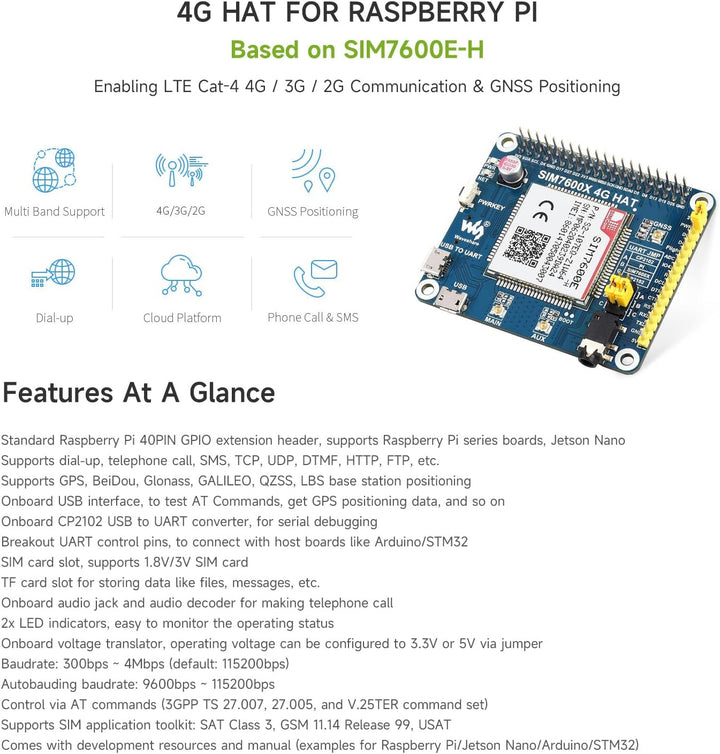 LUCKFOX 4G HAT for Raspberry Pi, Based on Waveshare SIM7600E-H, Enabling LTE Cat-4 4G/3G/2G Communic