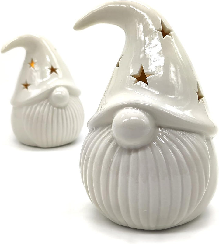 DARO DEKO Porzellan LED Zwerge 2er Set Creme-weiss 12cm und 15cm Dekofigur Weihnachtsdeko, 2er Set