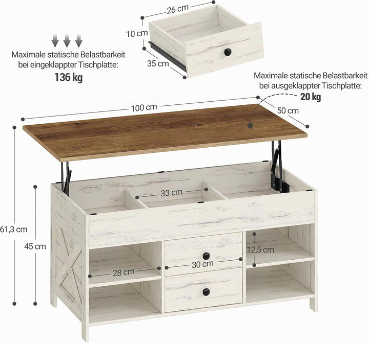 Hzuaneri Couchtisch, höhenverstellbarer Wohnzimmertisch, Sofatisch, 2 Schubladen und Versteckter Sta
