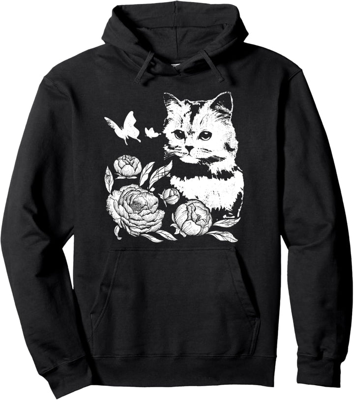 Katze mit Rosen und Schmetterlingen, blumig Pullover Hoodie