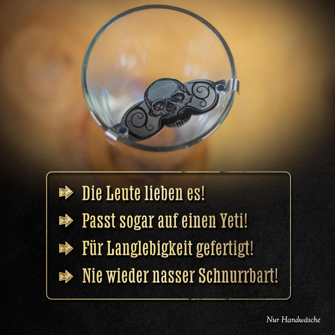 Death Grip Schnurrbartschutz, Edelstahl-Schädel-Clip für Kaffee, Bier, Wein, Gläser, Tassen, tragbar