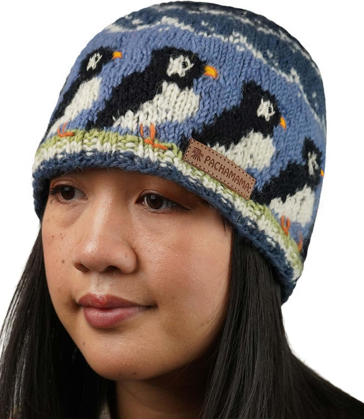 Damen Wollmütze, handgestrickt, süsses Papageientaucher-Design, mehrfarbig, Einheitsgrösse, handgefe