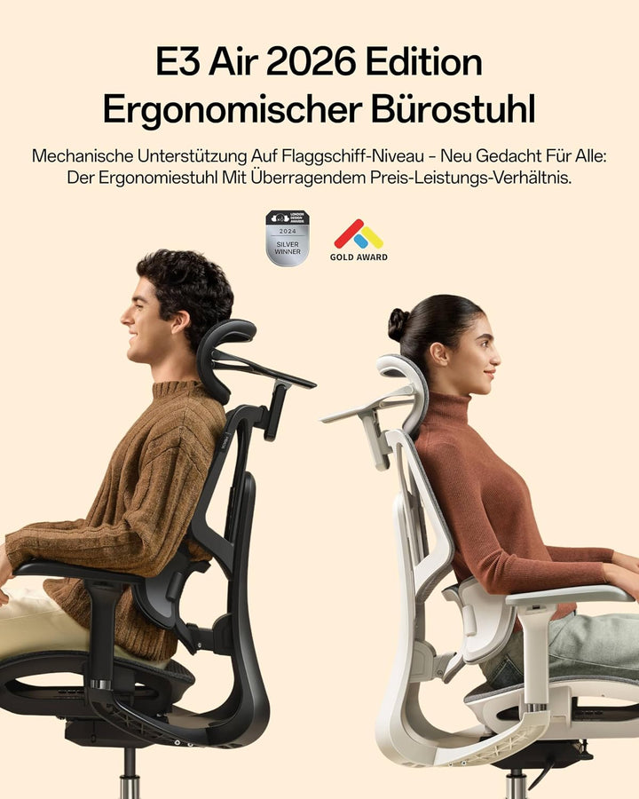 Hbada E3 Air 2026 Edition Ergonomischer Bürostuhl, 3-Zonen-Lordosenstütze, Comfy Home Office Chair m