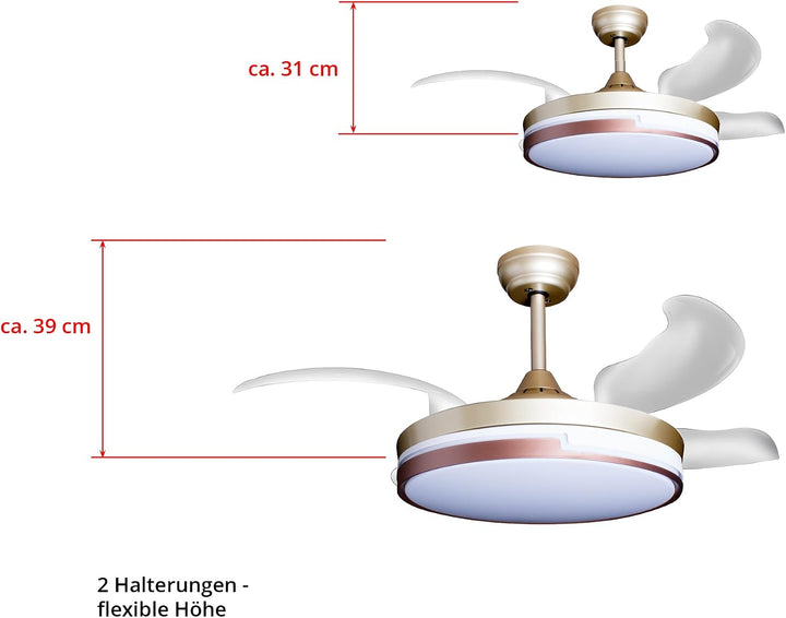 Eclipse Deckenventilator mit Beleuchtung, Leise mit 6 Windstufen, App Goldfarbene Basis Kelora, Gold