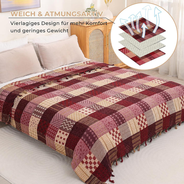 HOORDRY Chenille Gewebte Decke,Patchwork Doppelseitig Überwurf Rot 220 x 260 cm, Rot 220 x 260 cm