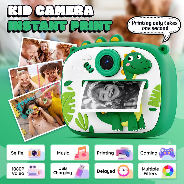 Sofortbildkamera Kinderkamera mit Sofortdruck 1080P HD Dinosaurier-Grün, Dinosaurier-Grün