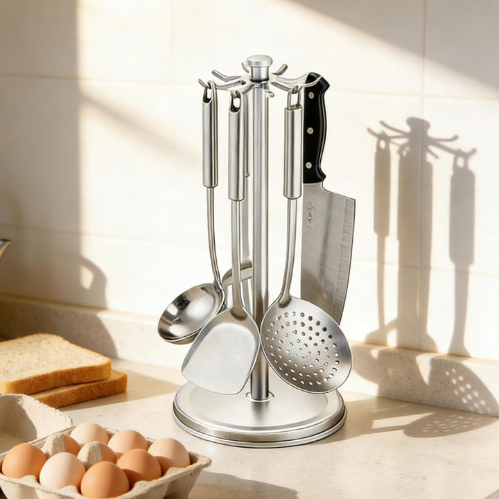 Rotating Utensil Holder, 8 Hook Organizer, 360 Degree Counter Rack with Compact Build, Kitchen Tool