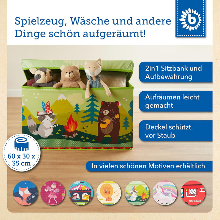Bieco Aufbewahrungsbox mit Sitzhocker Waldtiere mit Stauraum und Deckel mit Polsterung, 63 L, Grün,