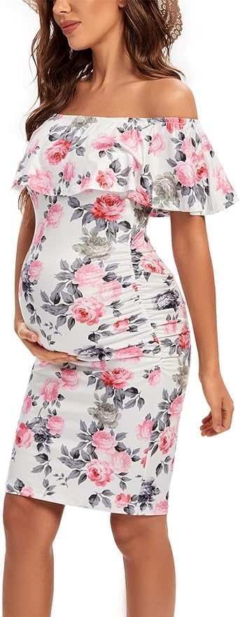 Shen&amp;Qege Umstandskleid Lässig mit Schulterfreiheit, Rüschen, ärmellos, Bodycon, Umstandsmode Sommer
