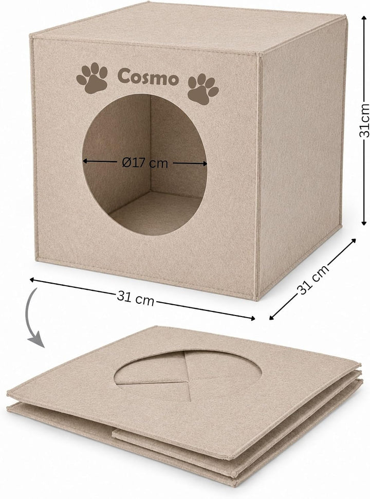 Personalisierte Katzenhöhle Filz mit Name, Katzenhaus Würfel passend für Kallax Regal, Beige, Beige