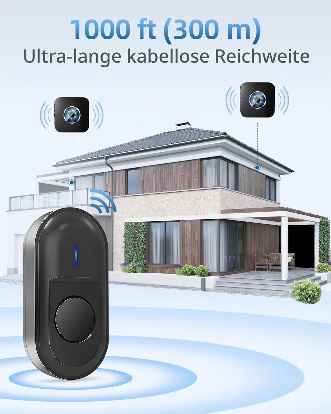 Funkklingel, Türklingel Funk Set, 300m Reichweite IP55 Aussen Wasserdicht Haustür Klingel mit 2 Plug
