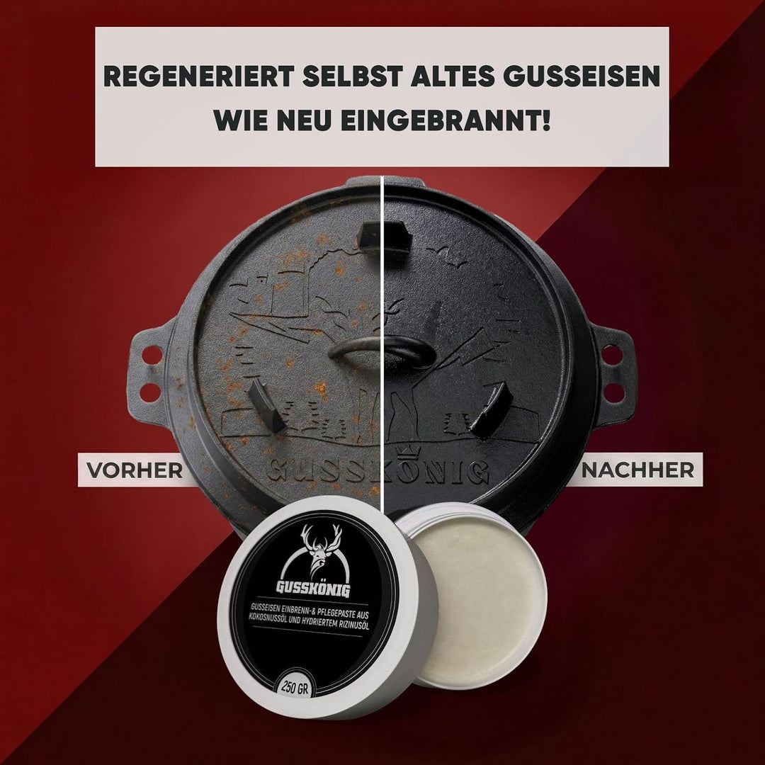 GUSSKÖNIG Gusseisen Pflegepaste 250ml–Made in Germany–100% natürliche Pflege mit Kokosöl &amp; gehärtete