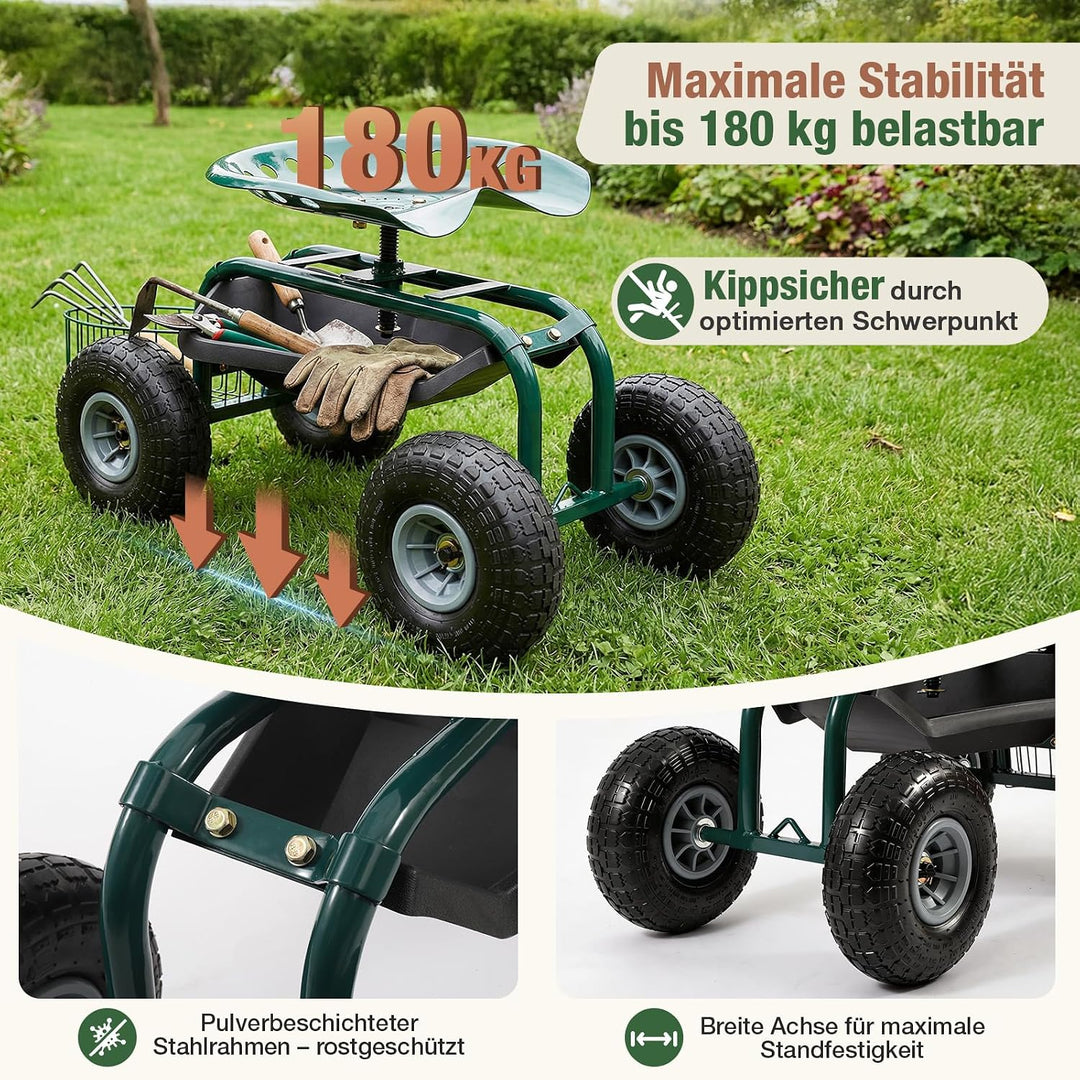 Sekey Gartensitz mit Rollen bis 180kg - Rollsitz für Gartenarbeit im Gewächshaus &amp; Beet - Ø 25,5cm L
