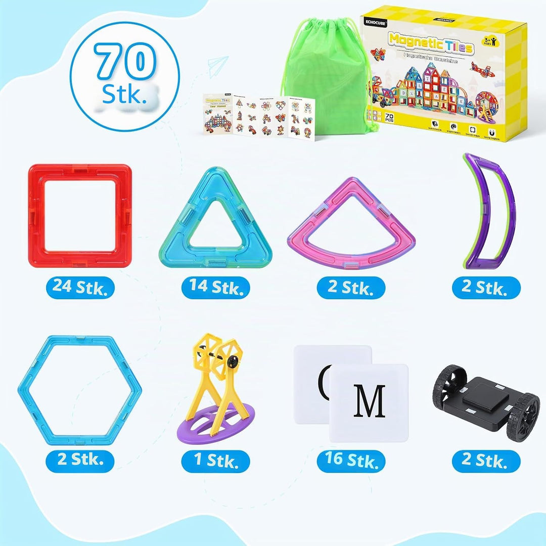 ECHOCUBE Magnetic Building Blocks Set 70PCS - Educational Magnet Tiles mit Hellen Farben, Kinder Con