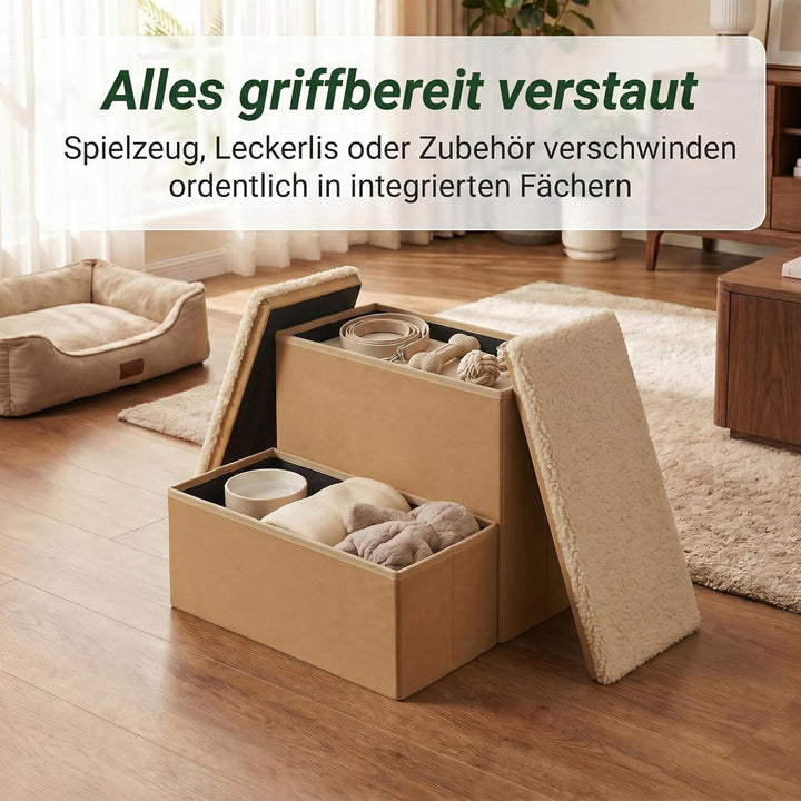 Relaxdays Hundetreppe, 2 Stufen, Stauraum, HxBxT: 32 x 40 x 35 cm, beige | faltbar, Stoffbezug, Hund