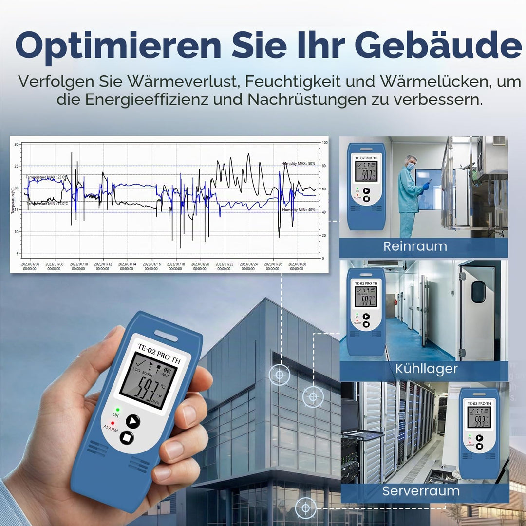 ThermElc TE-02 Pro TH Datenlogger Temperatur Luftfeuchtigkeitmit automatischen CSV PDF Berichten, Ve