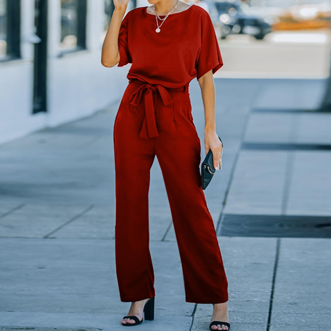 Damen Lang Jumpsuit Overall Hosenanzug Elegant Romper Kurzarm Rundhals Playsuit mit Gürtel Hosenanzu
