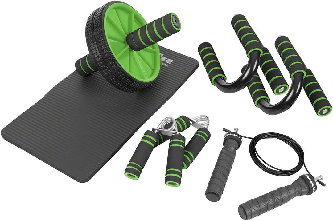 Fitness Set 4-TLG Push-Up Liegestütz Trainer Bauchtrainer Handtrainer Springseil Limone, Limone