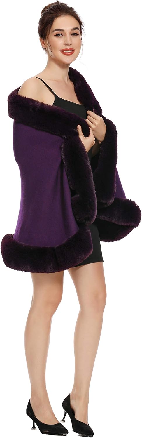ZLYC Damen Winter Kunstpelz Poncho Cape Strick Schal Stola Warm Cardigan Violett, Violett