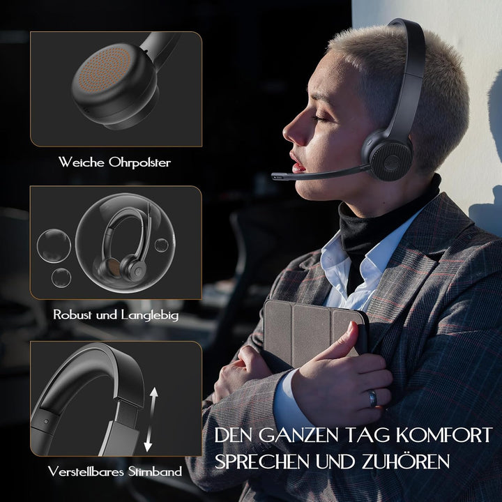 EKSA H16 Wireless Headset, Bluetooth 5.2 Headset mit Mikrofon &amp; USB Dongle [Bis zu 55 Stdn &amp; 15 Mete
