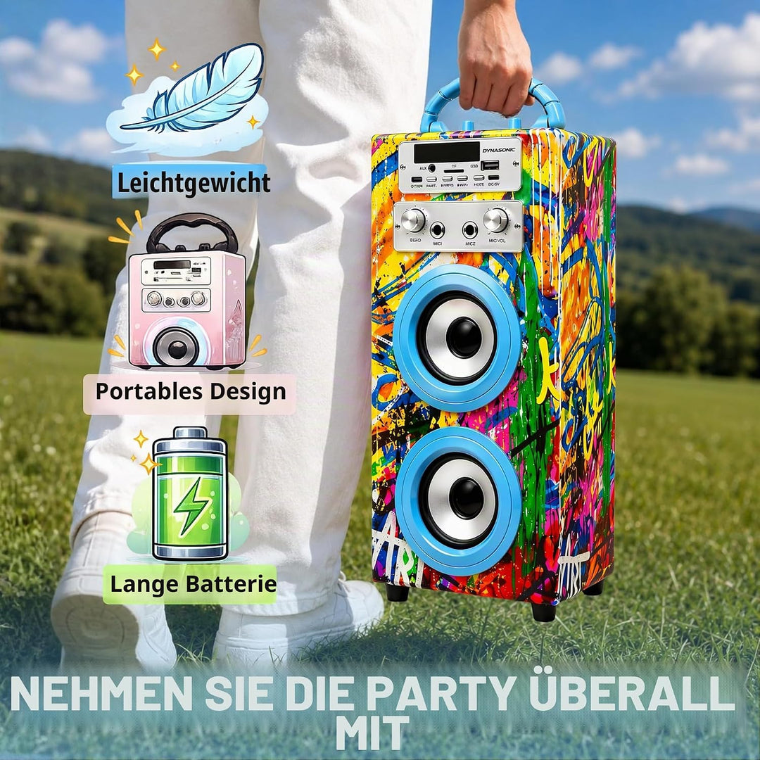 DYNASONIC Karaoke mit 2 Mikrofonen, tragbarer Karaoke-Maschine, Bluetooth-Lautsprecher, USB- und SD-