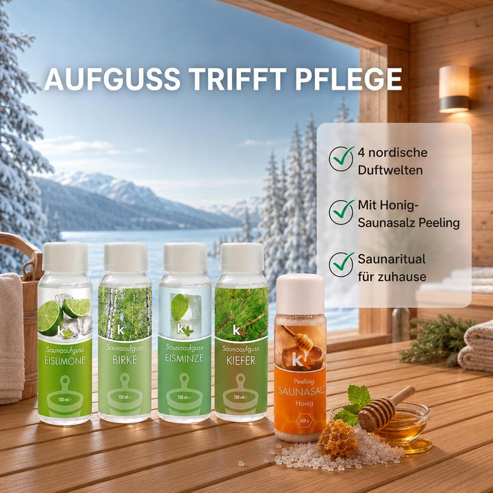 KK Sauna -Set mit Salz Peeling | KK Saunaaufgussset "Skandinavien" 4 x 100 ml + 200 g KK Saunasalz "