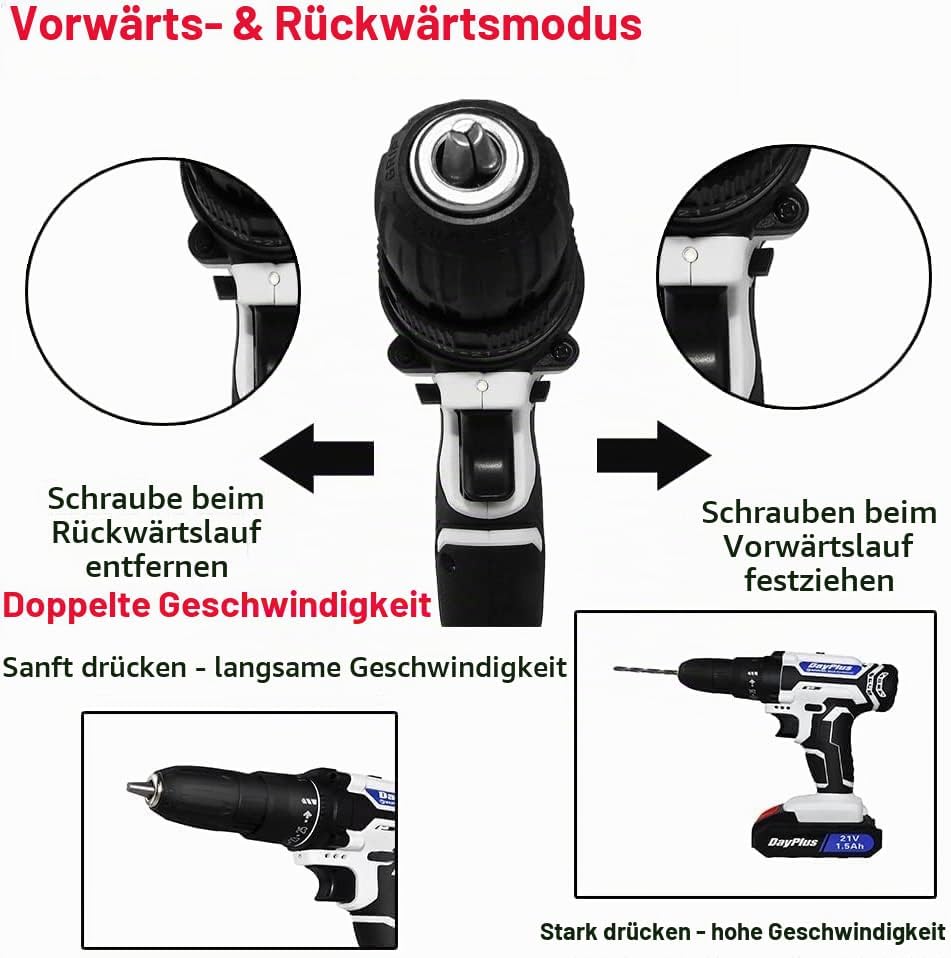 Akkuschrauber 21V Akku Bohrmaschine mit 25+1 Drehmomentstufen, 42Nm Akku-Bohrschrauber mit 45Nm Akku