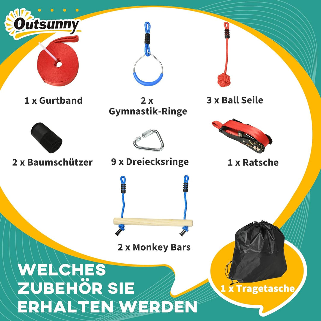 Outsunny Ninja Line Kinder 10m Slackline Set mit Hindernissen, Klettergerüst, Turnringe, Baumschutz,