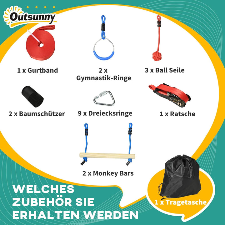 Outsunny Ninja Line Kinder 10m Slackline Set mit Hindernissen, Klettergerüst, Turnringe, Baumschutz,
