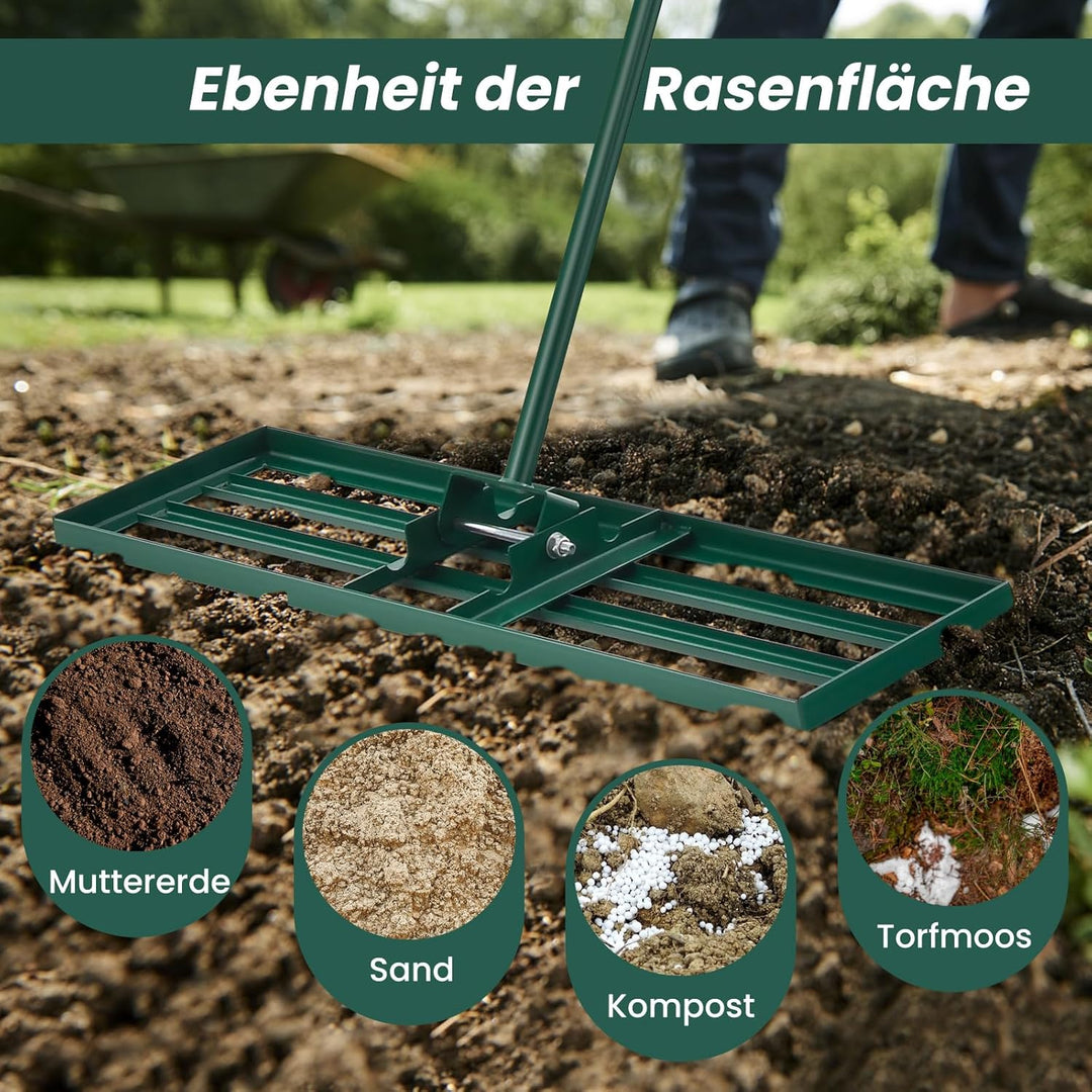 RELAX4LIFE Rasen Nivellierrechen, 75 x 25 cm, Rasenrechen Metall, Rechen Garten mit 170 cm Stiel, Le