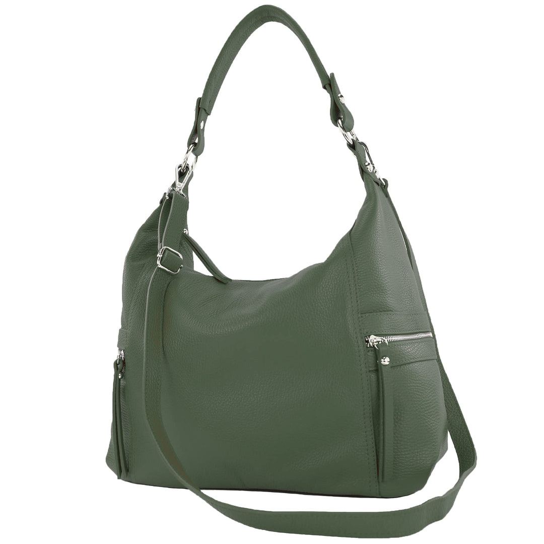 modamoda de - T229 - ital Schultertasche Shopper aus Leder Flaschengrün, Flaschengrün