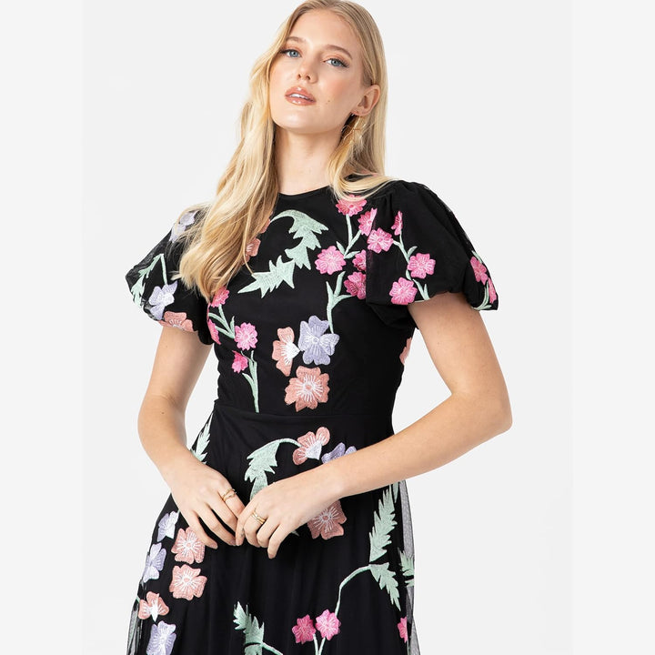 Maya Deluxe Damen Womens Maxi Ladies Floral Embroidered Open Back Puff Sleeves Dress for Wedding Gue