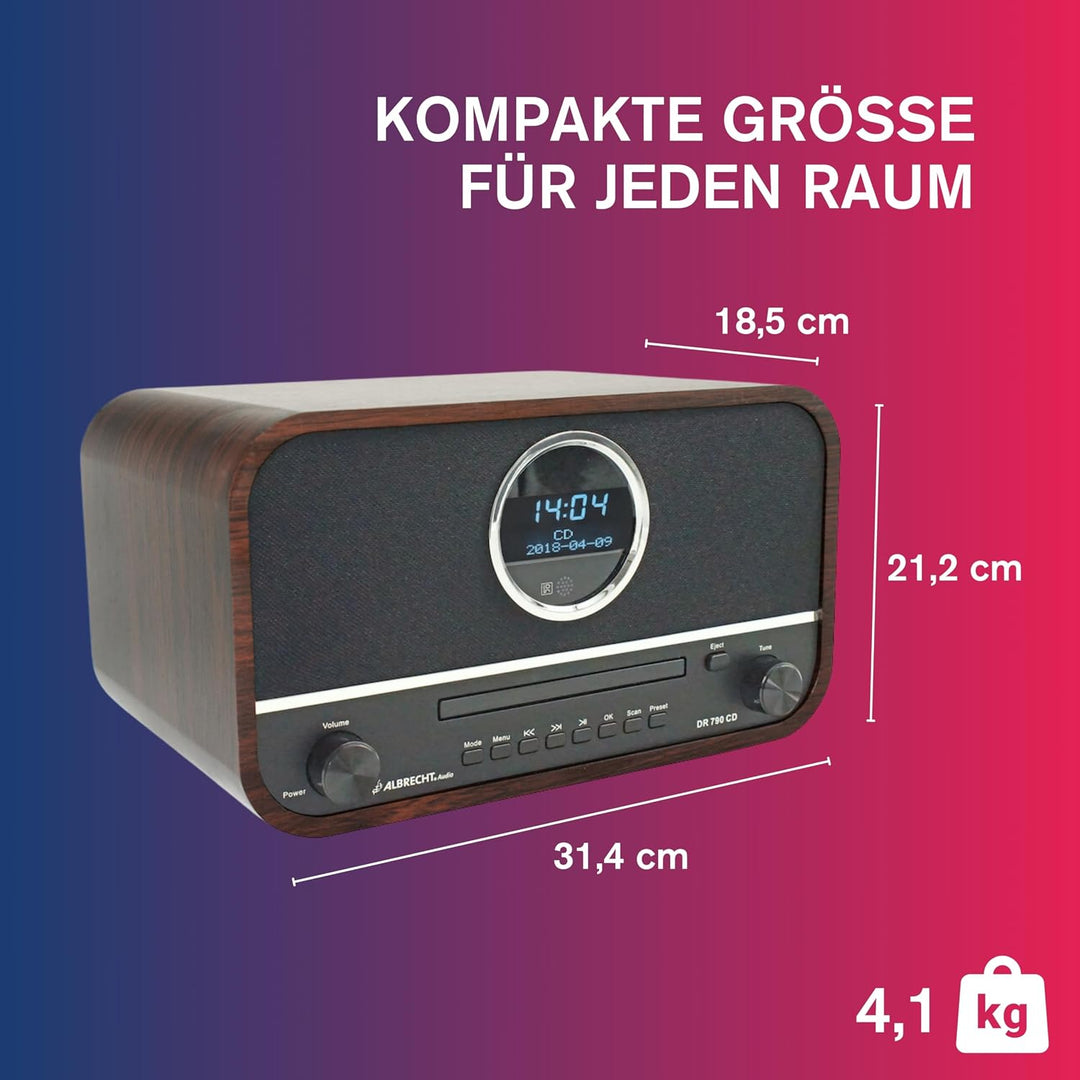 Albrecht DR790CD Digitalradio DAB+, 27790, multifunktional inkl. CD-Player und Bluetooth, Holzgehäus
