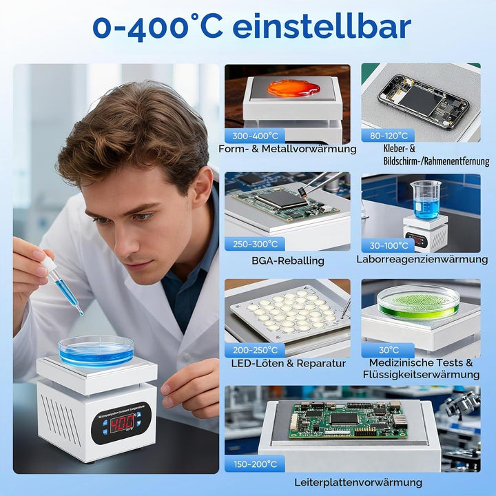 PCB Heizstation, 350W Elektrische Heizplatte Lötstation 100x100 MM, 0-400℃, Vorheizen Station, LED M