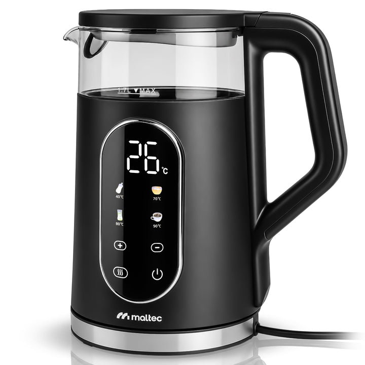 MalTec Wasserkocher Glas 1,7L 2200W mit Temperaturwahl Keep Warm LED