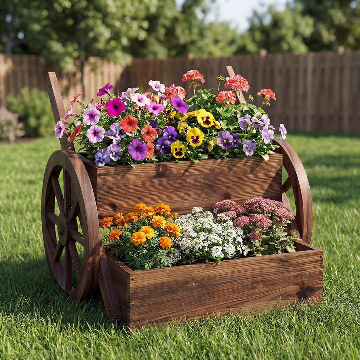 COSTWAY Blumenwagen Holz, Blumenständer mit 2 Rädern &amp; Griffen &amp; Drainagelöchern, Pflanzwagen, 2-stu